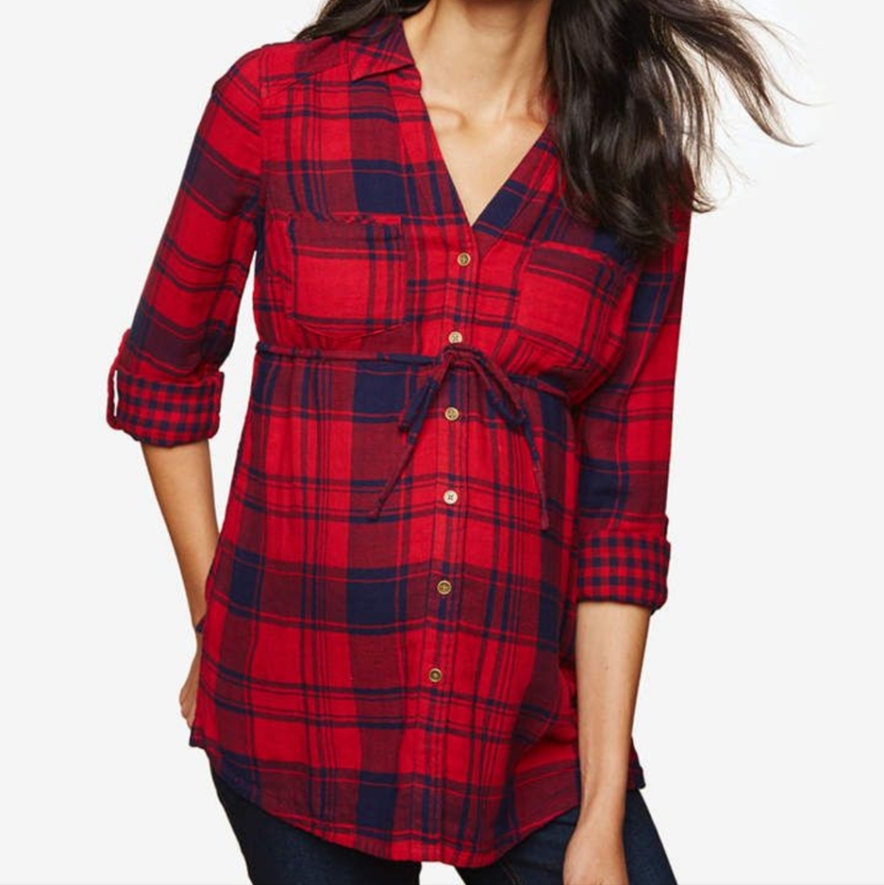 MOTHERHOOD MATERNITY Women's red and blue plaid button down blouse